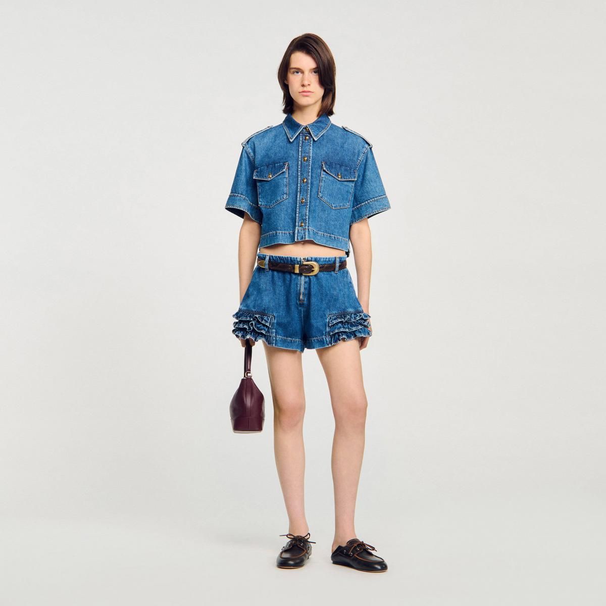 산드로 러플 데님 반바지 미디웨이스트 SFPSH00537_4785 JEANSBLAU - 상세 이미지 2