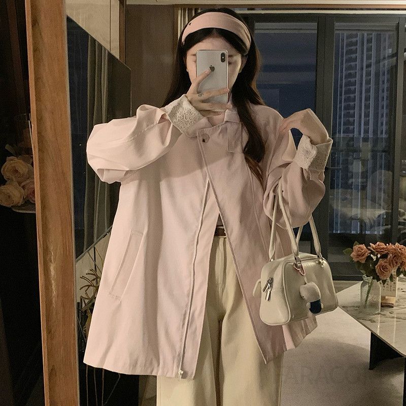 여성 빅사이즈 카라넥 레이스 소매 포켓 중기장 오버핏 트렌치 코트 자켓 점퍼 바람막이 아우터 봄 가을 - 상세 이미지 2