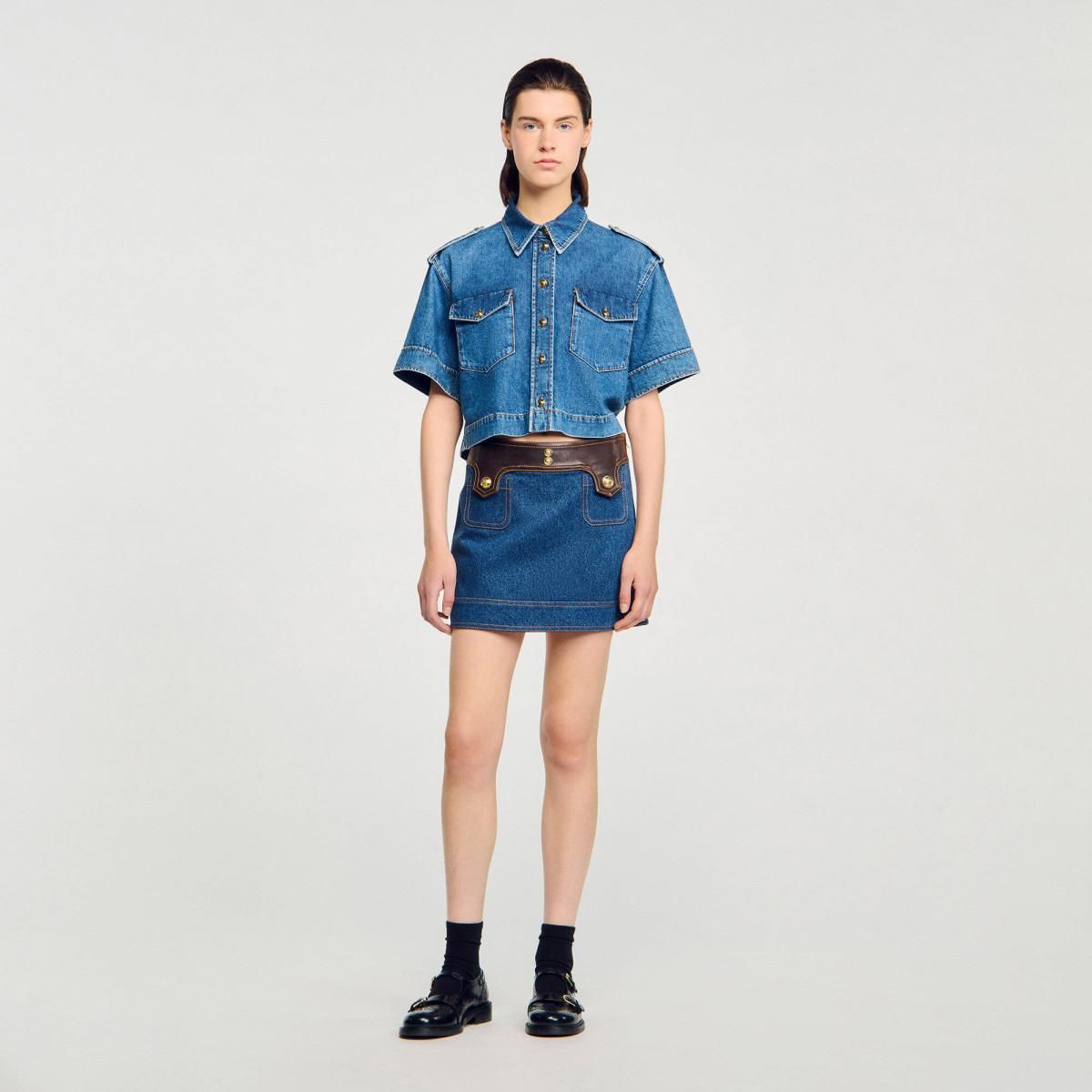 산드로 유니크 데님 레더 미니 스커트 SFPJU01479_470 DUNKEL-BLAU - 상세 이미지 3