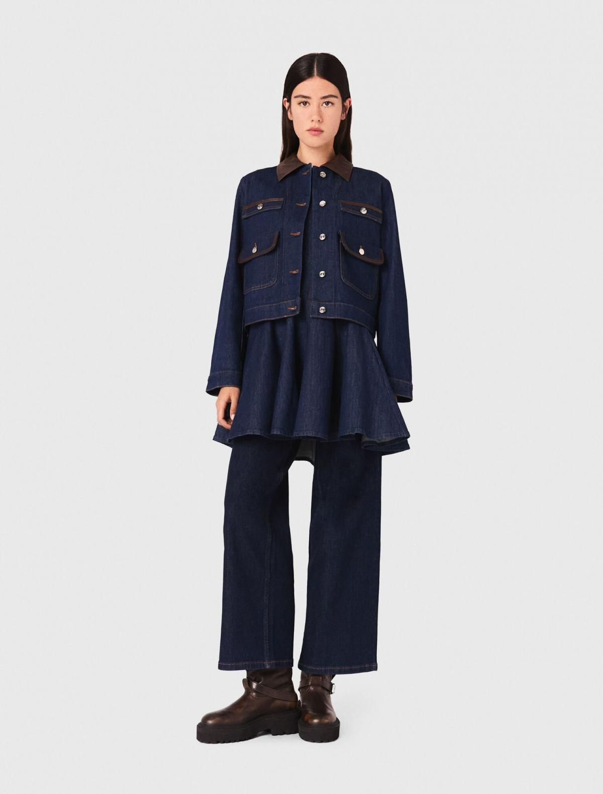 마쥬 배색 칼라 데님 크롭 재킷 인조 가죽 3661601968952 MARINE - 상세 이미지 2
