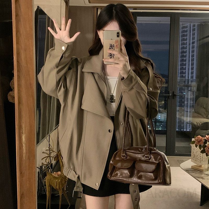여성 빅사이즈 루즈핏 캐주얼 오버핏 간절기 트렌치 야상 카라 벨트 바람막이 점퍼 재킷 아우터 봄 가을 - 상세 이미지 2