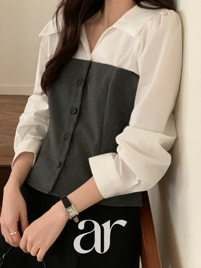 배색 레이어드 퍼프숄더 긴팔 블라우스 bs8507 - 상세 이미지 4