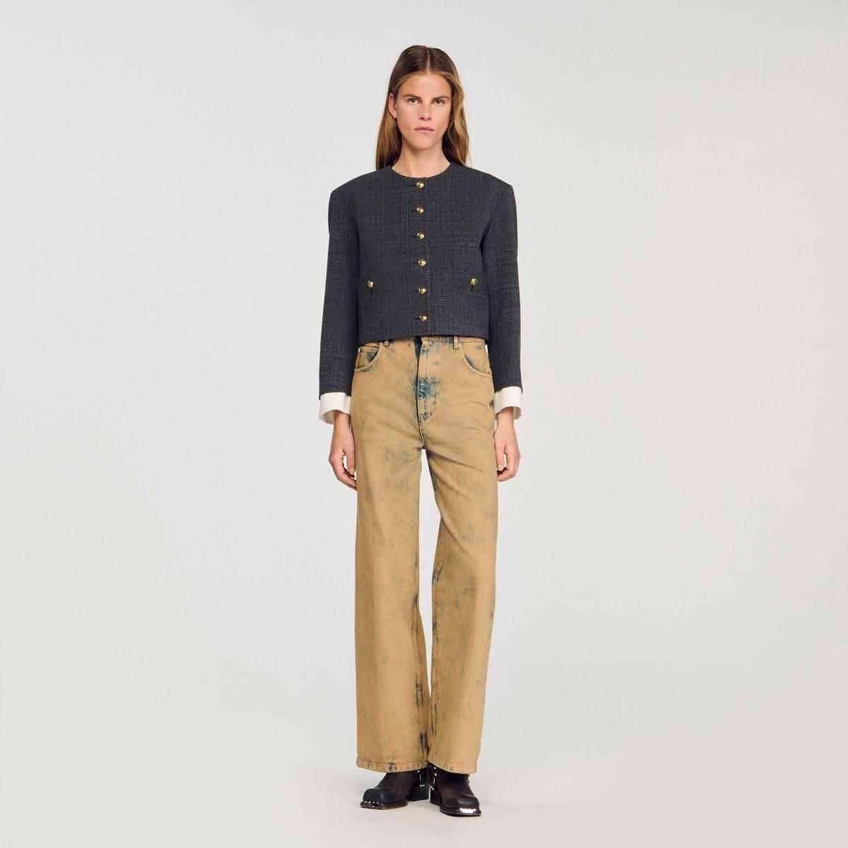 산드로 스트라스 장식 체크 라운드넥 트위드 크롭 테일러드 재킷 SFPVE01201_B315 GRIS / MARRON - 상세 이미지 3
