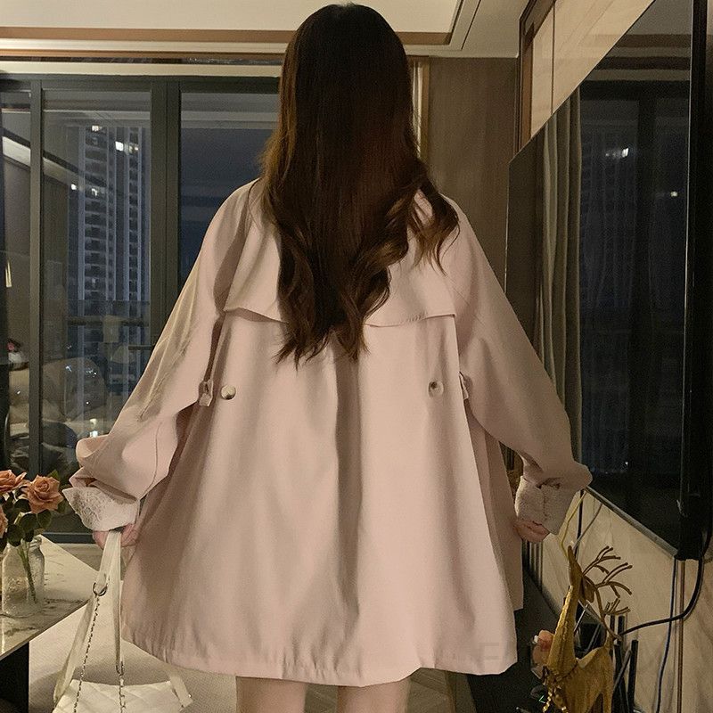 여성 빅사이즈 카라넥 레이스 소매 포켓 중기장 오버핏 트렌치 코트 자켓 점퍼 바람막이 아우터 봄 가을 - 상세 이미지 3