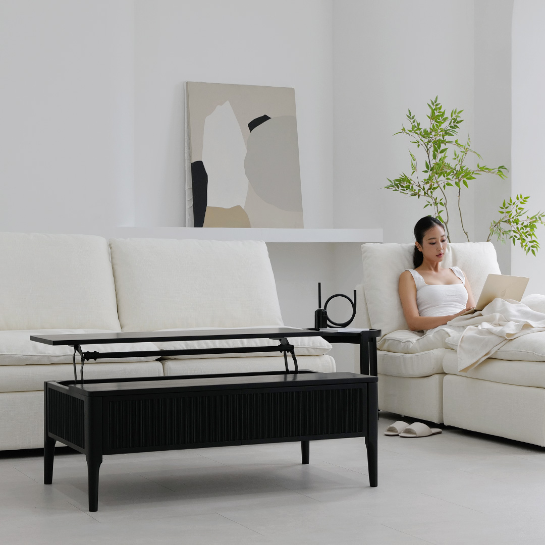 자야캠핑 포르보 직사각 원목 블랙 서랍형 리프트업 거실 소파 테이블