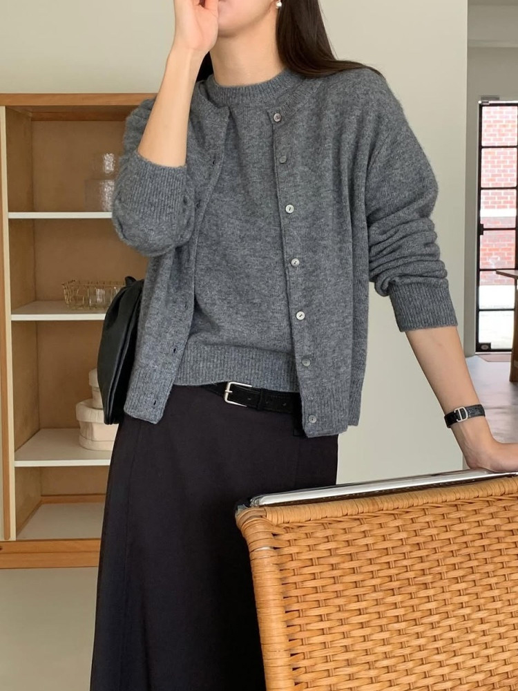 메리노 울 캐시미어 가디건 숏 라운드 오버핏 니트 여성 가디건 가을 올리브 레드 브라운 이미지 7