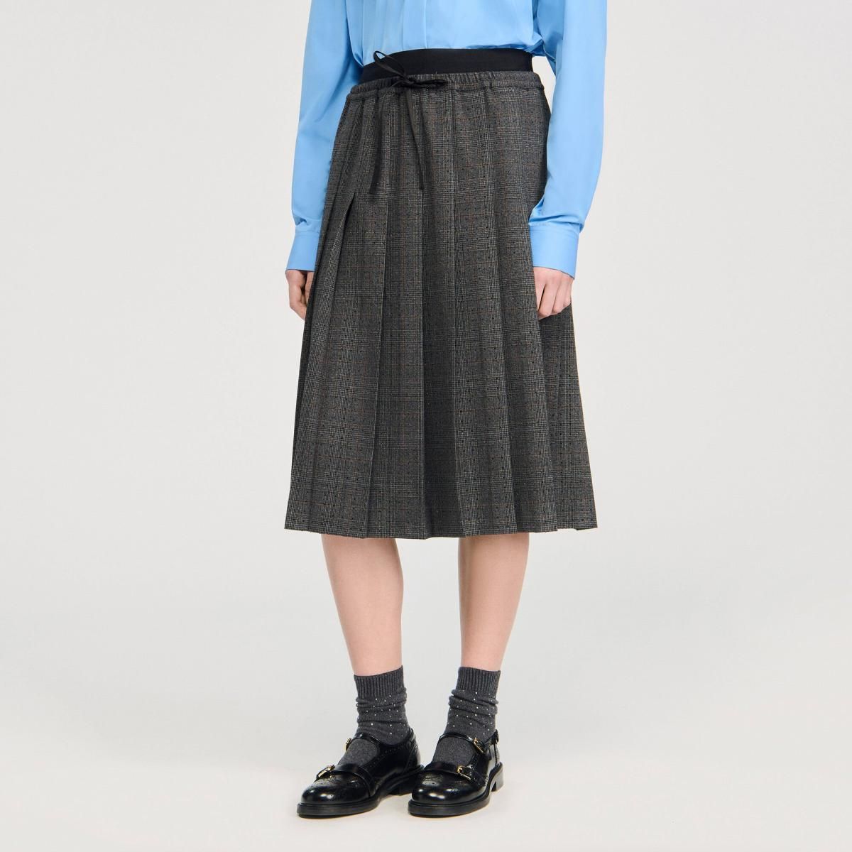 산드로 플리츠 체크 스트라스 롱 스커트 SFPJU01490_B315 GRIS / MARRON - 상세 이미지 5