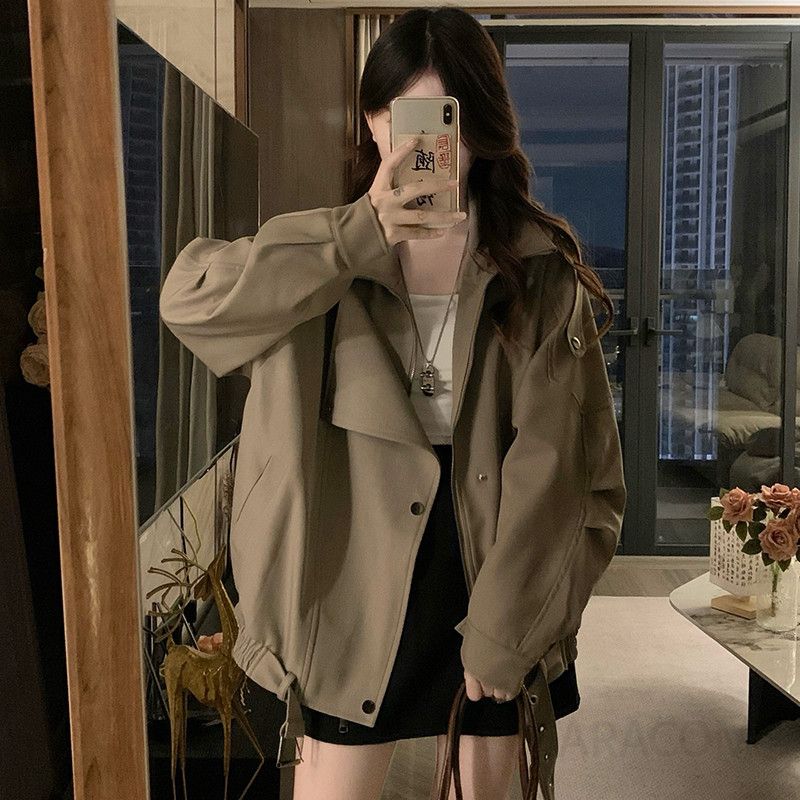 여성 빅사이즈 루즈핏 캐주얼 오버핏 간절기 트렌치 야상 카라 벨트 바람막이 점퍼 재킷 아우터 봄 가을 - 상세 이미지 5