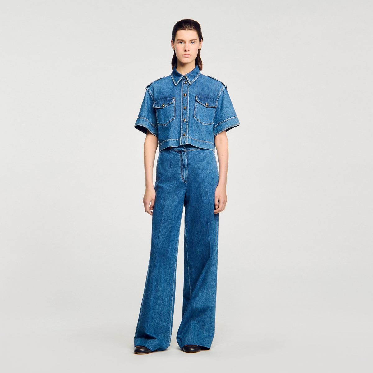 산드로 크롭 데님 반팔 셔츠 SFPCM01442_4785 JEANSBLAU - 상세 이미지 3