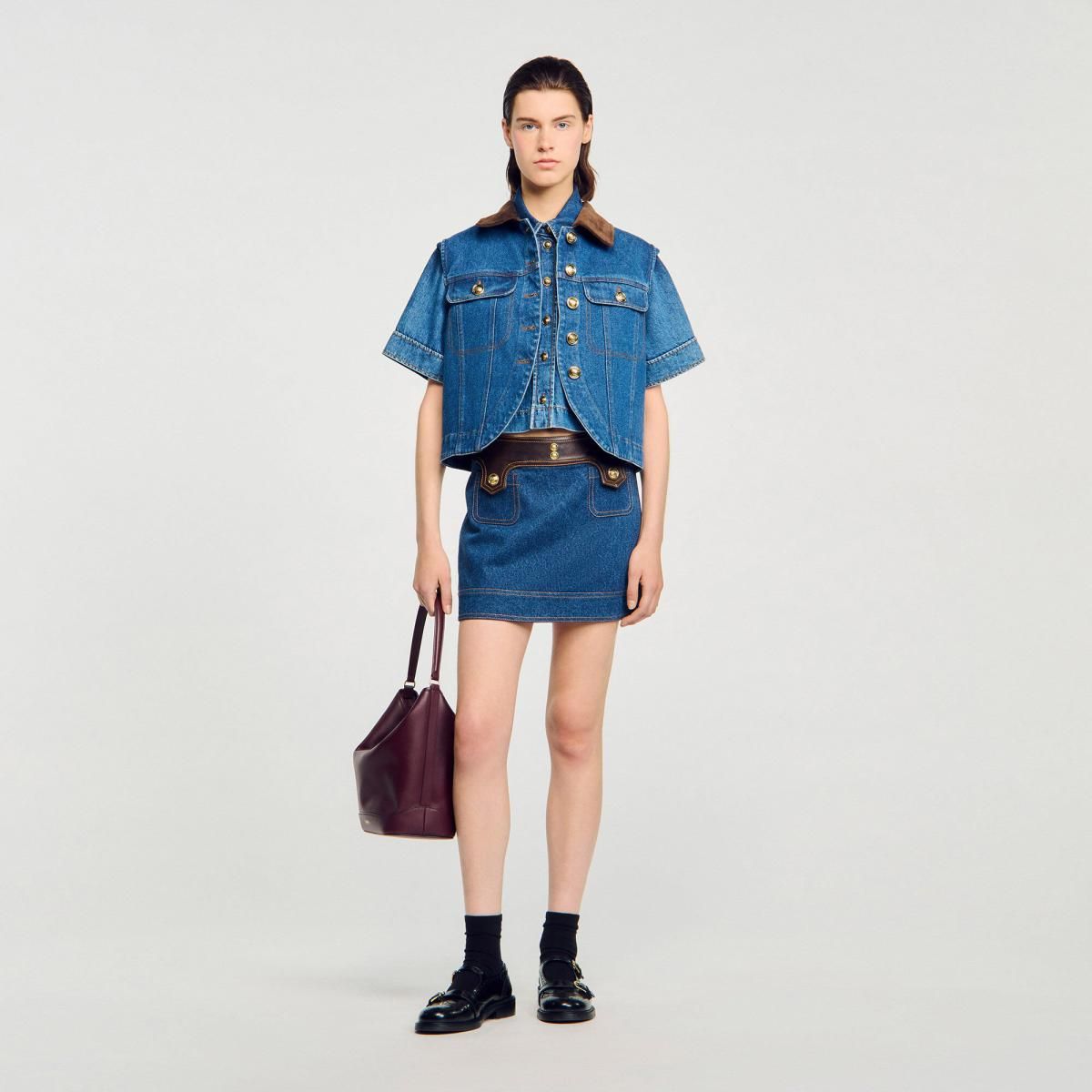 산드로 유니크 데님 레더 미니 스커트 SFPJU01479_470 DUNKEL-BLAU - 상세 이미지 2