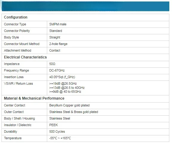 RF 고주파 커넥터 SMPM-T 수 DC-67G 밀리미터파 이포트 2홀 플랜지 PCB 보드 끝 솔더 프리