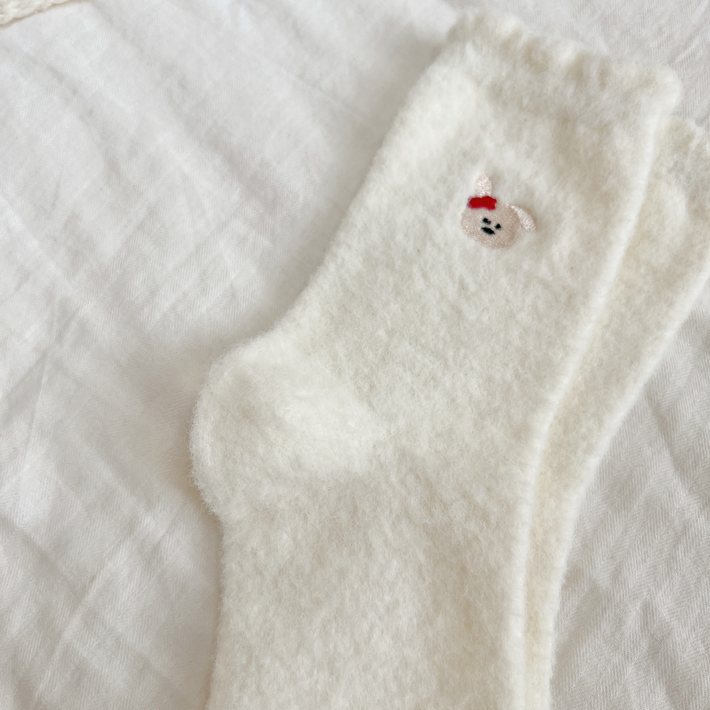 두꺼운 기모 여자 수면양말 화이트 5켤레 동물펀칭