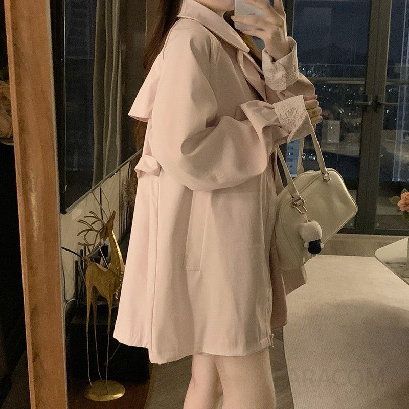 여성 빅사이즈 카라넥 레이스 소매 포켓 중기장 오버핏 트렌치 코트 자켓 점퍼 바람막이 아우터 봄 가을 - 상세 이미지 4