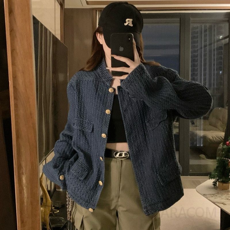 여성 빅사이즈 노카라 데님 텍스처 자켓 오버핏 루즈핏 가을 아우터 간절기 캐주얼 데일리 캠퍼스룩 블루종 점퍼 - 메인 이미지