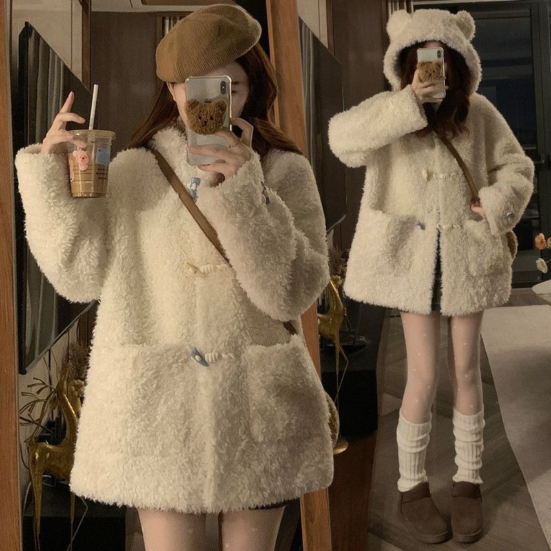 여성 빅사이즈 루즈핏 뽀글이 덤블 양털 후드 자켓 두툼한 컬러 떡볶이 단추 아우터 겨울 코트 - 상품 이미지