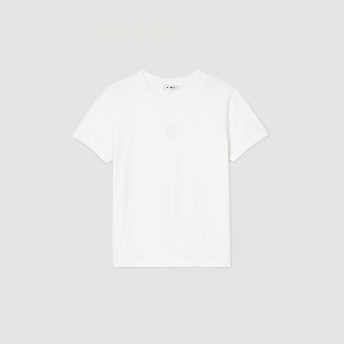 산드로 베이직 코튼 라운드넥 반팔 티셔츠 자수포인트 SFPTS01636_10 WEISS - 메인 이미지