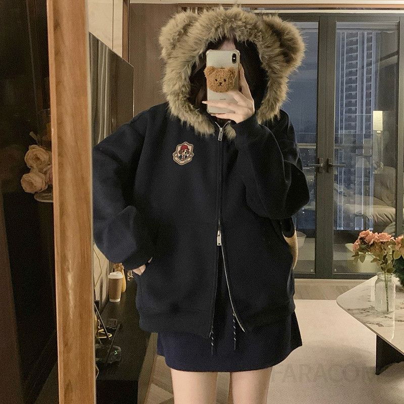 여성 털후드 루즈핏 플리스 집업 자켓 아우터 점퍼 오버핏 데일리룩 간절기 캐주얼 상의 봄 가을 - 상세 이미지 4
