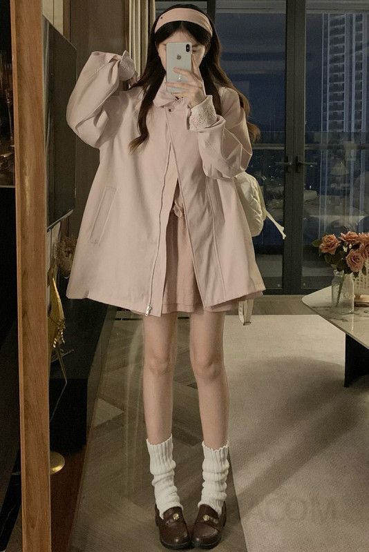 여성 빅사이즈 카라넥 레이스 소매 포켓 중기장 오버핏 트렌치 코트 자켓 점퍼 바람막이 아우터 봄 가을 이미지 6
