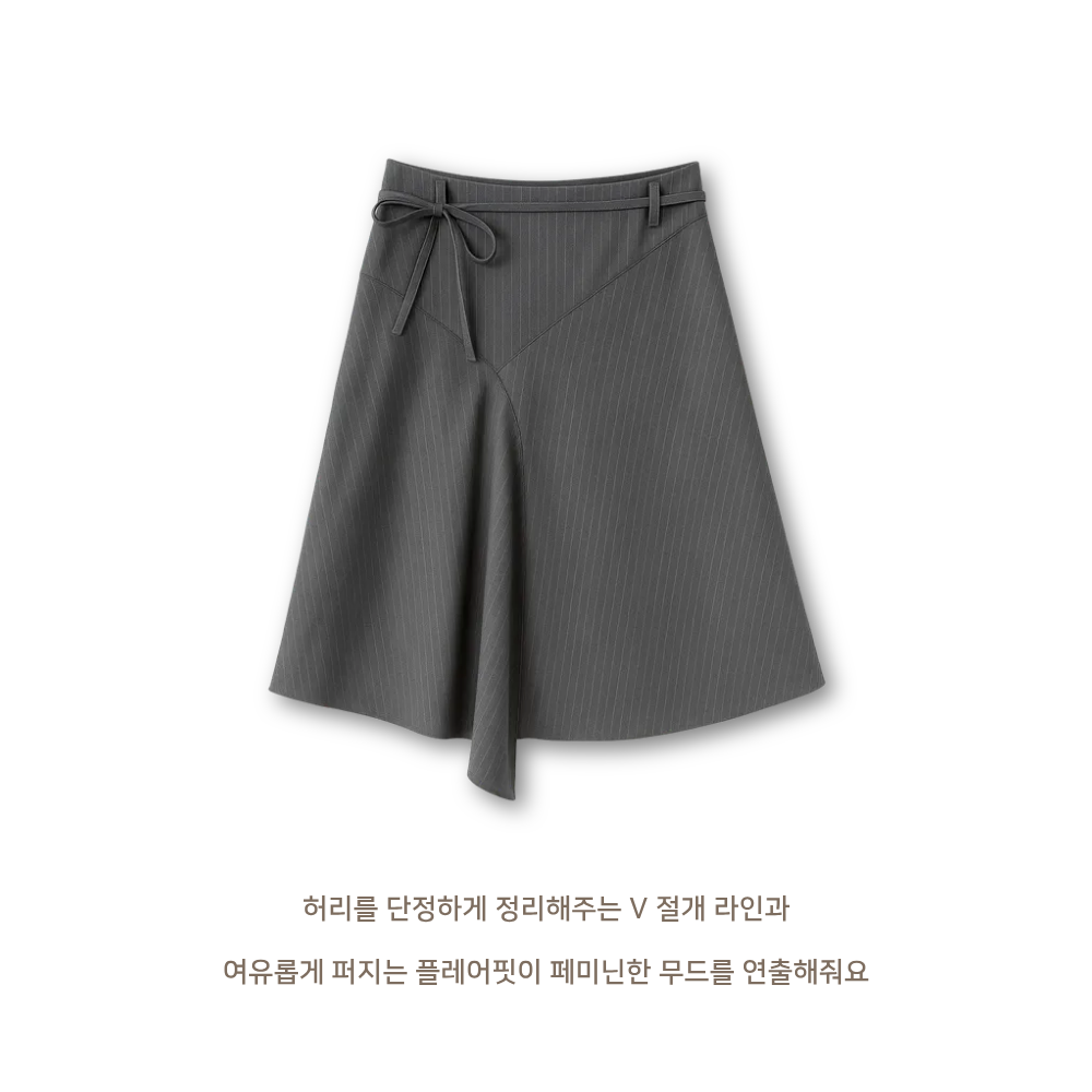 사선 언발 스트라이프 절개 미디 플레어 스커트 - 상세 이미지 5