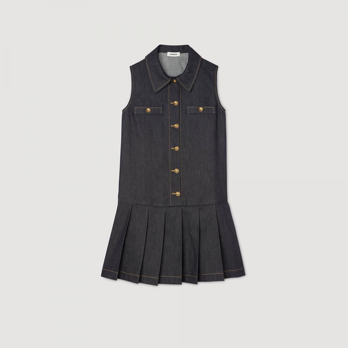 산드로 데님 미니 원피스 슬리브리스 플리츠 셔츠카라 SFPRO04394_D324 BLEU BRUT - 상품 이미지