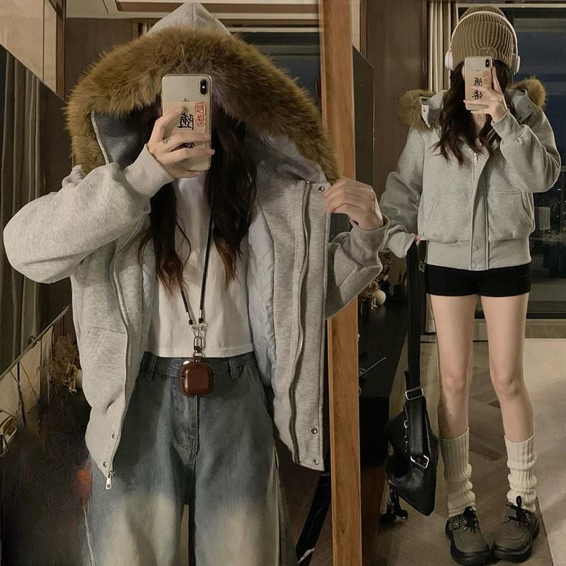 여성 경량 후드패딩점퍼 탈부착 라쿤 퍼 후드 겨울용 코튼 소재 캐주얼 커플 스타일 따뜻한 착용감 아웃도어 패션 디자인 - 상품 이미지