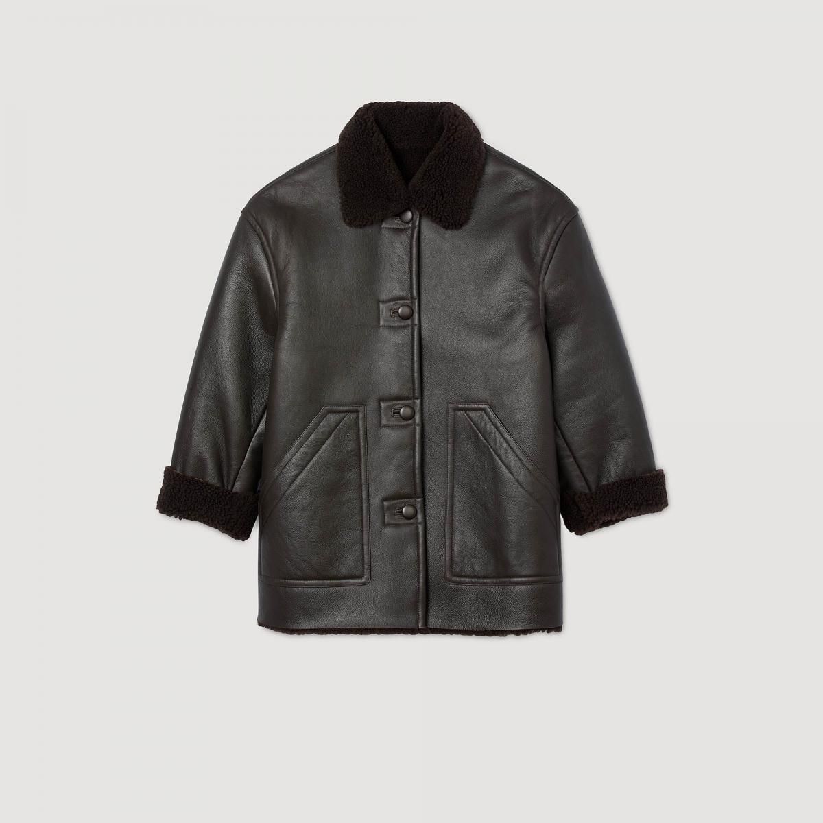산드로 프리미엄 무스탕 오버핏 퍼 코트 SFPOU00742_751 DUNKEL-BRAUN - 메인 이미지