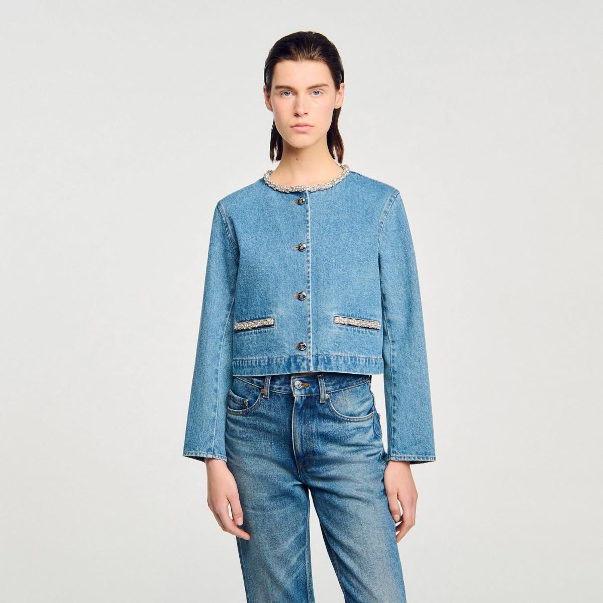 산드로 스트라스 데님 라운드넥 크롭 재킷 SFPBL01187_4785 JEANSBLAU - 상세 이미지 5
