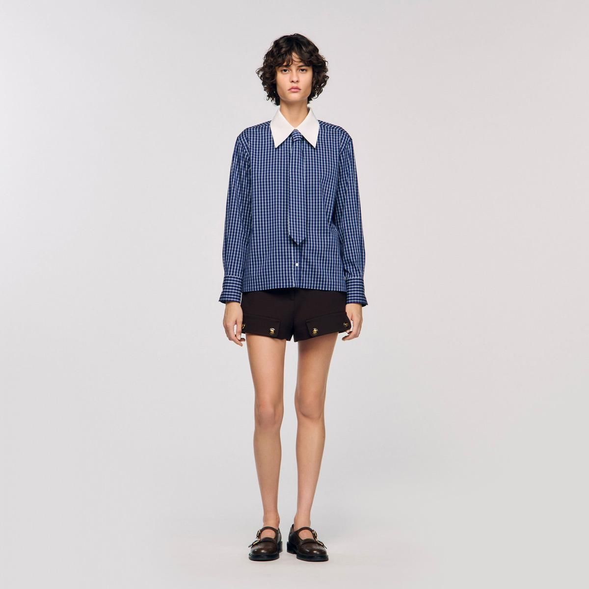 산드로 클래식 체크 긴팔 셔츠 탈부착 넥타이 SFPCM01514_420 BLAU/SCHWARZ - 상세 이미지 3