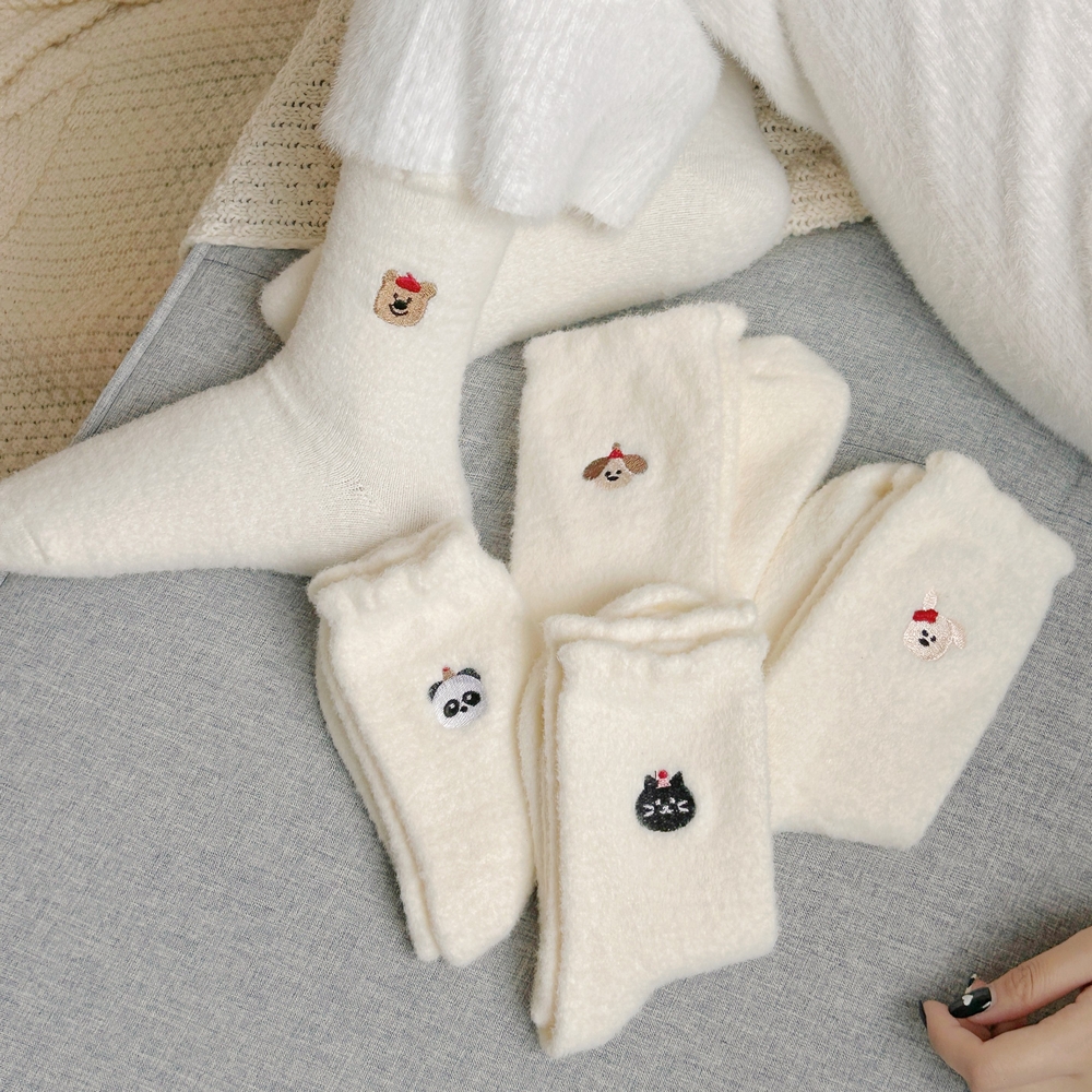 두꺼운 기모 여자 수면양말 화이트 5켤레 동물펀칭