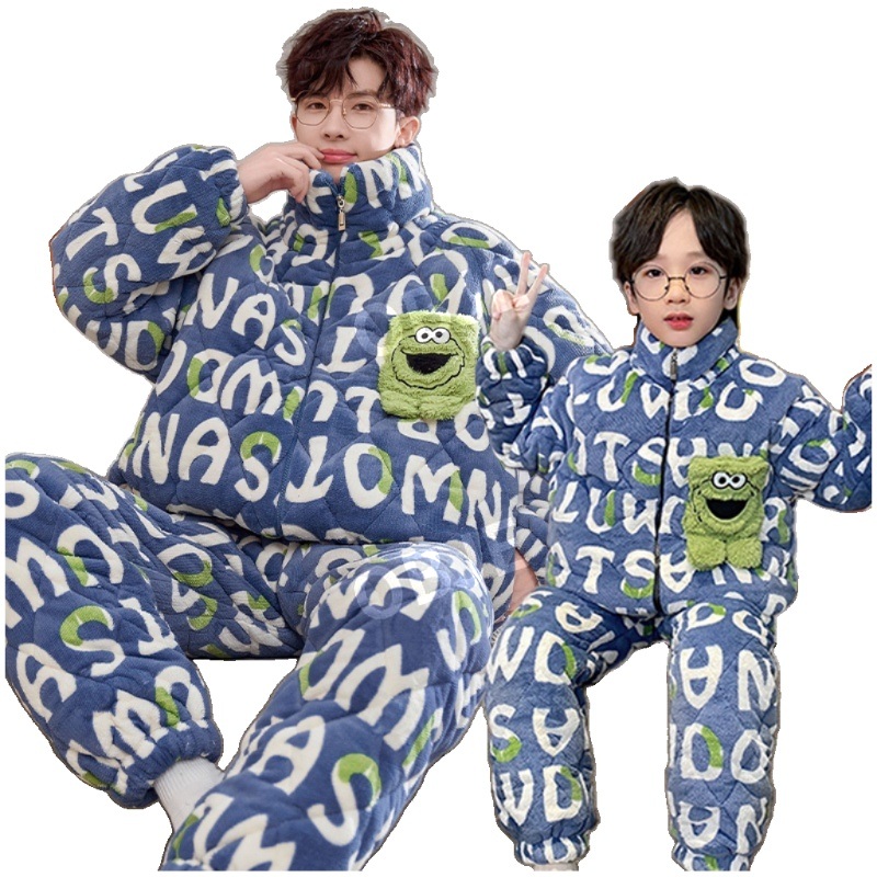 오브제 겨울 벨벳 이지웨어 상하 세트 홈웨어 두꺼운 3겹 퀼팅 성인 아이 커플 - 상품 이미지