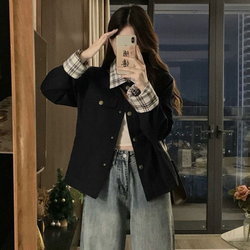 여성 빅사이즈 카라 더블 버튼 자켓 점퍼 숏자켓 오버핏 캐주얼 간절기 아우터 봄 가을 - 상세 이미지 5