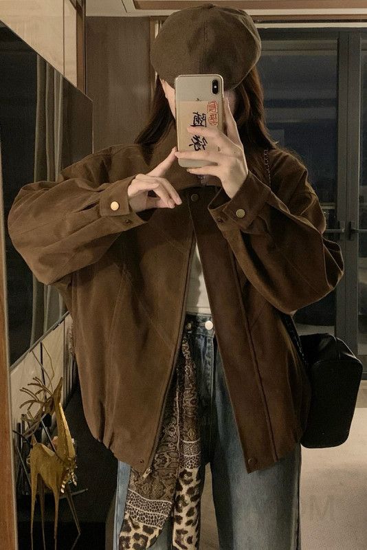 여성 빅사이즈 스웨이드 카라 루즈핏 오버핏 버튼 소매 데일리 간절기 점퍼 아우터 봄 가을 이미지 6