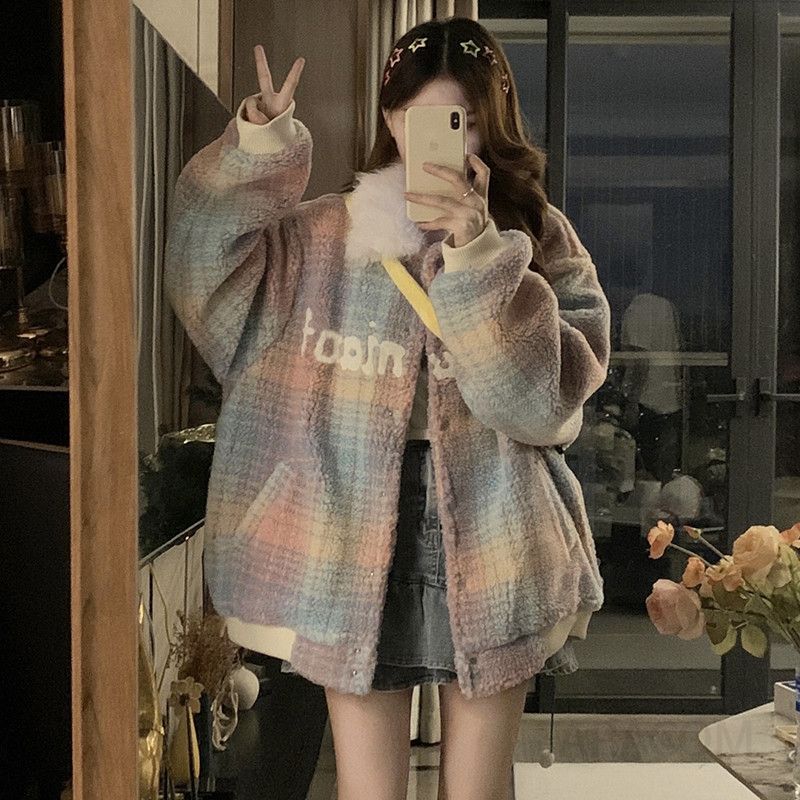 여성 빅사이즈 파스텔 멀티컬러 배색 뽀글이 플리스 양털 자켓 루즈핏 아우터 가을 겨울 점퍼 - 상세 이미지 2