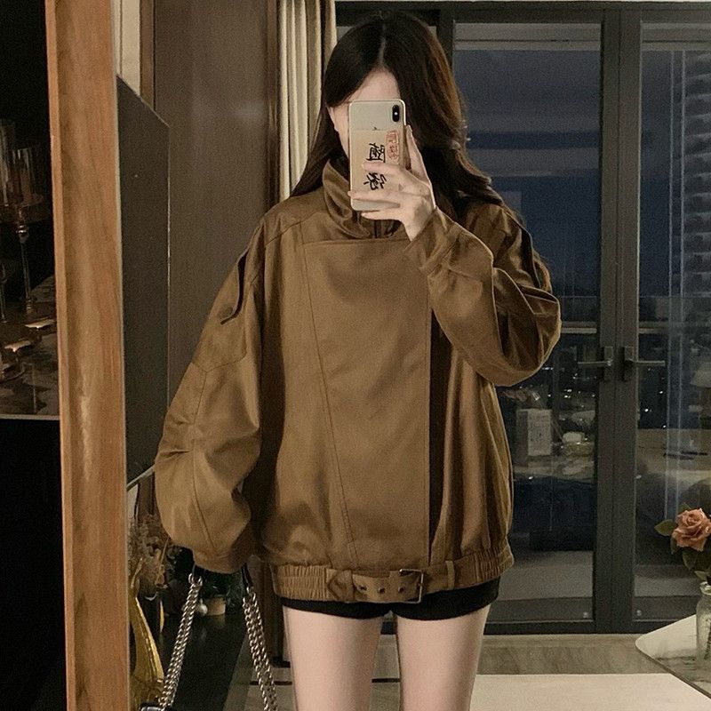 여성 빅사이즈 오버핏 루즈핏 레더 자켓 가죽 점퍼 항공 라이더 바이커 아우터 간절기 캐주얼 노카라 숏 자켓 봄 가을 겨울 - 상세 이미지 4