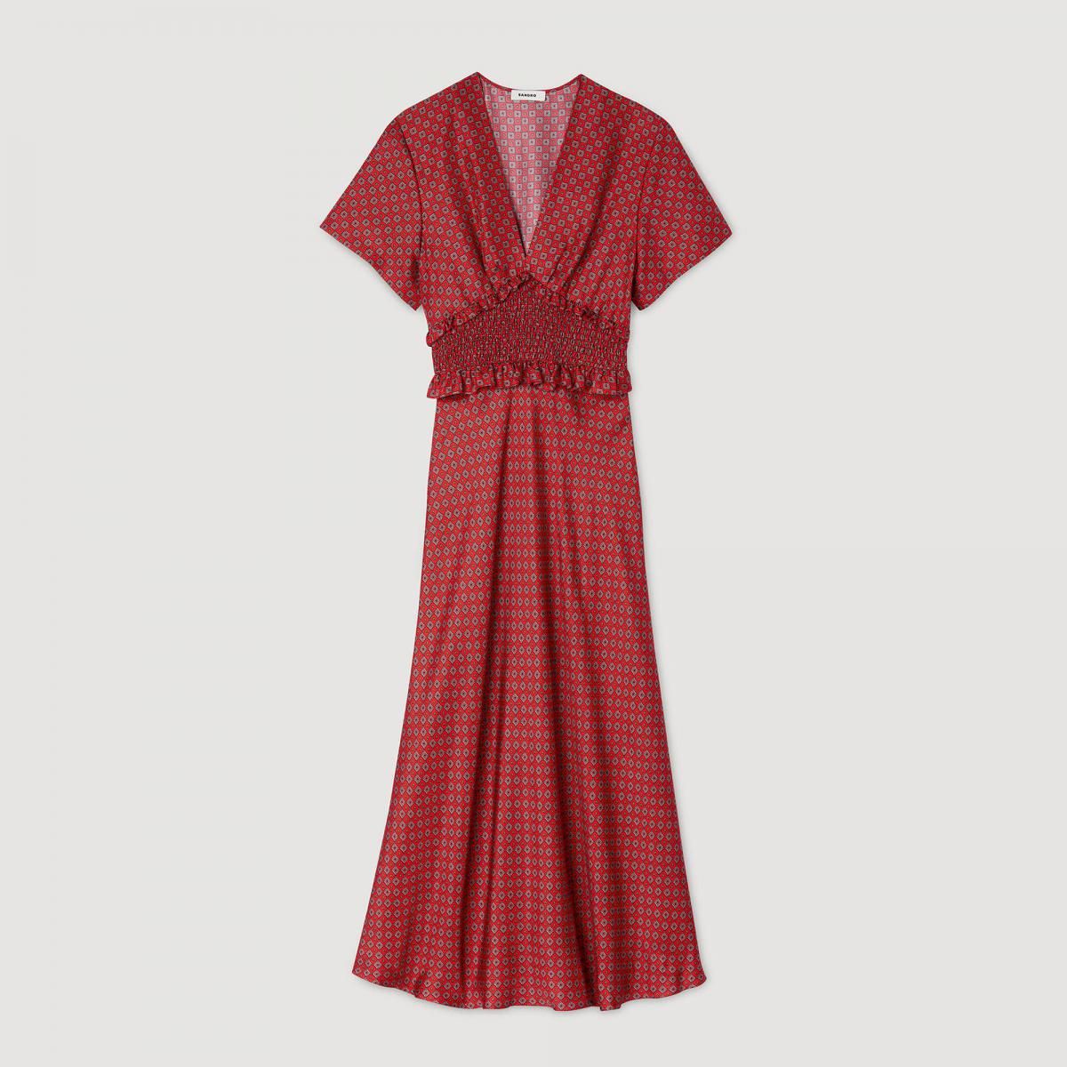 산드로 페미닌 롱 새틴 원피스 브이넥 스모크 허리 플레어 프린트 SFPRO04508_C124 ROUGE / ROSE - 상품 이미지