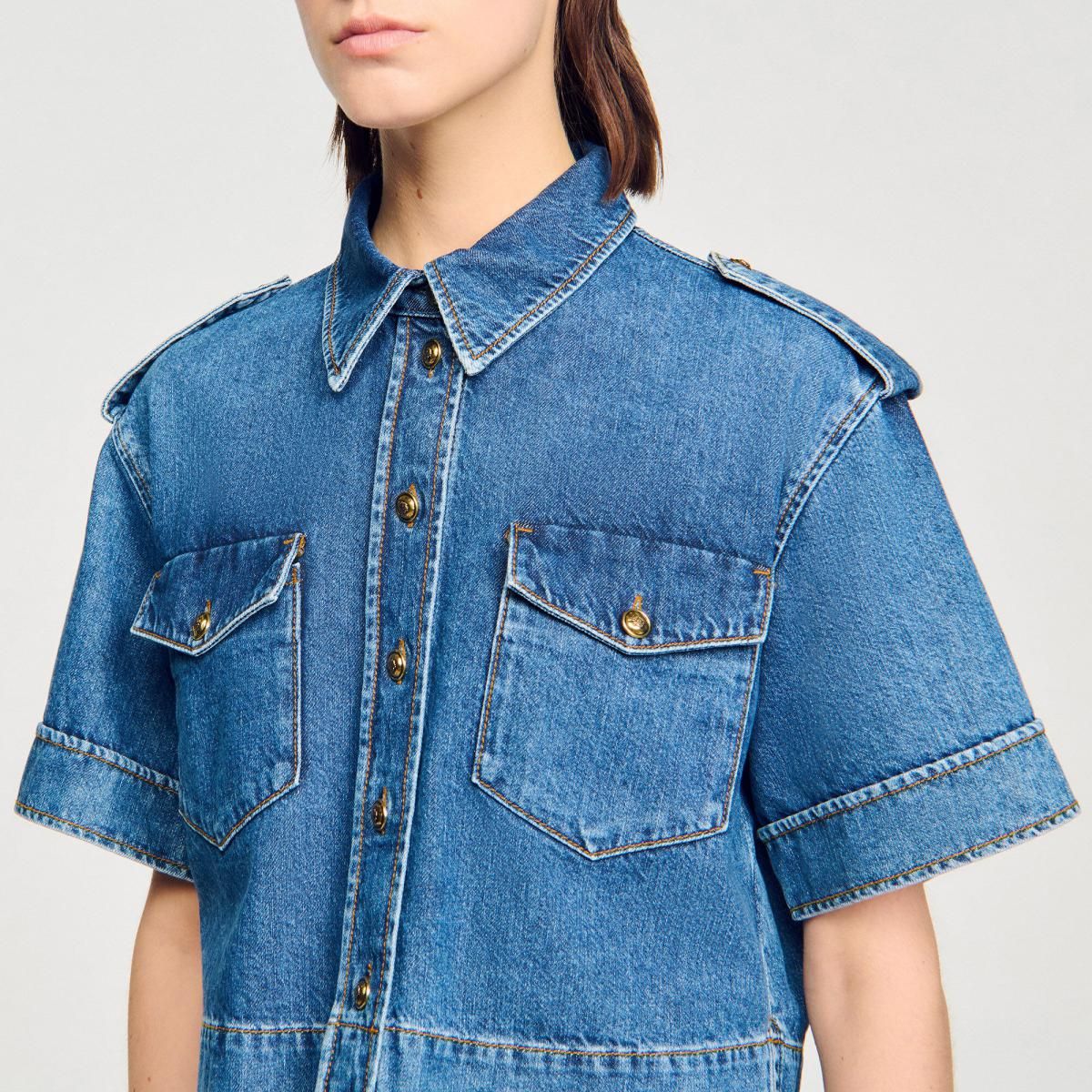 산드로 크롭 데님 반팔 셔츠 SFPCM01442_4785 JEANSBLAU - 상세 이미지 5