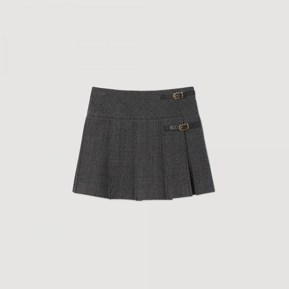 산드로 테크니컬 체크 플리츠 미니 스커트 스트라스 장식 SFPJU01491_B315 GRIS / MARRON - 상품 이미지