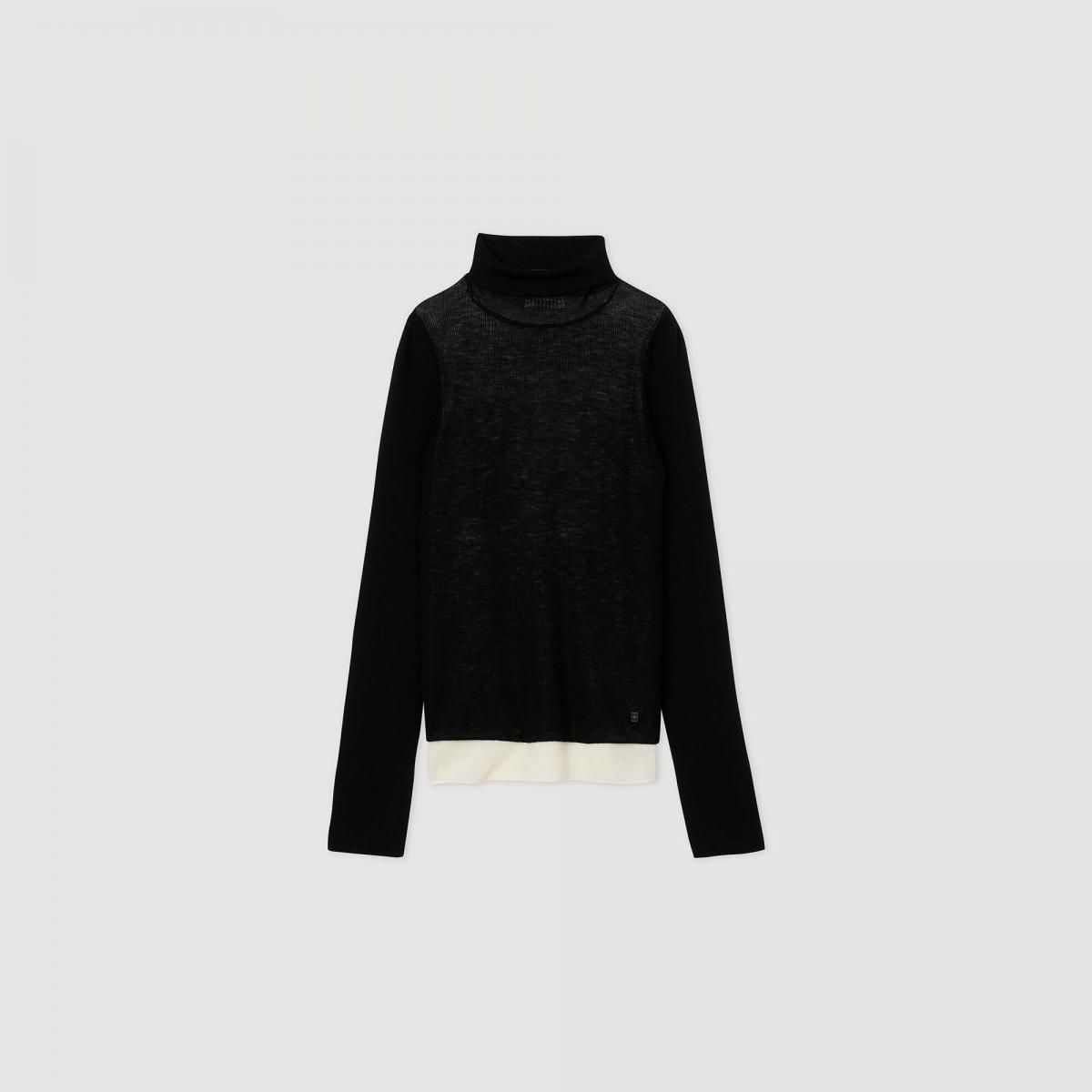 산드로 2 in 1 하이넥 니트 긴팔 탑 레이어드 롤넥 SFPPU02715_20 SCHWARZ - 상품 이미지