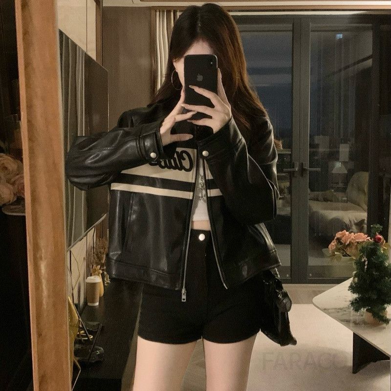 여성 빅사이즈 아메카지 레더 자켓 바이커 숏 가죽 점퍼 오버핏 캐주얼 루즈핏 아우터 데일리 봄 가을 - 상세 이미지 3