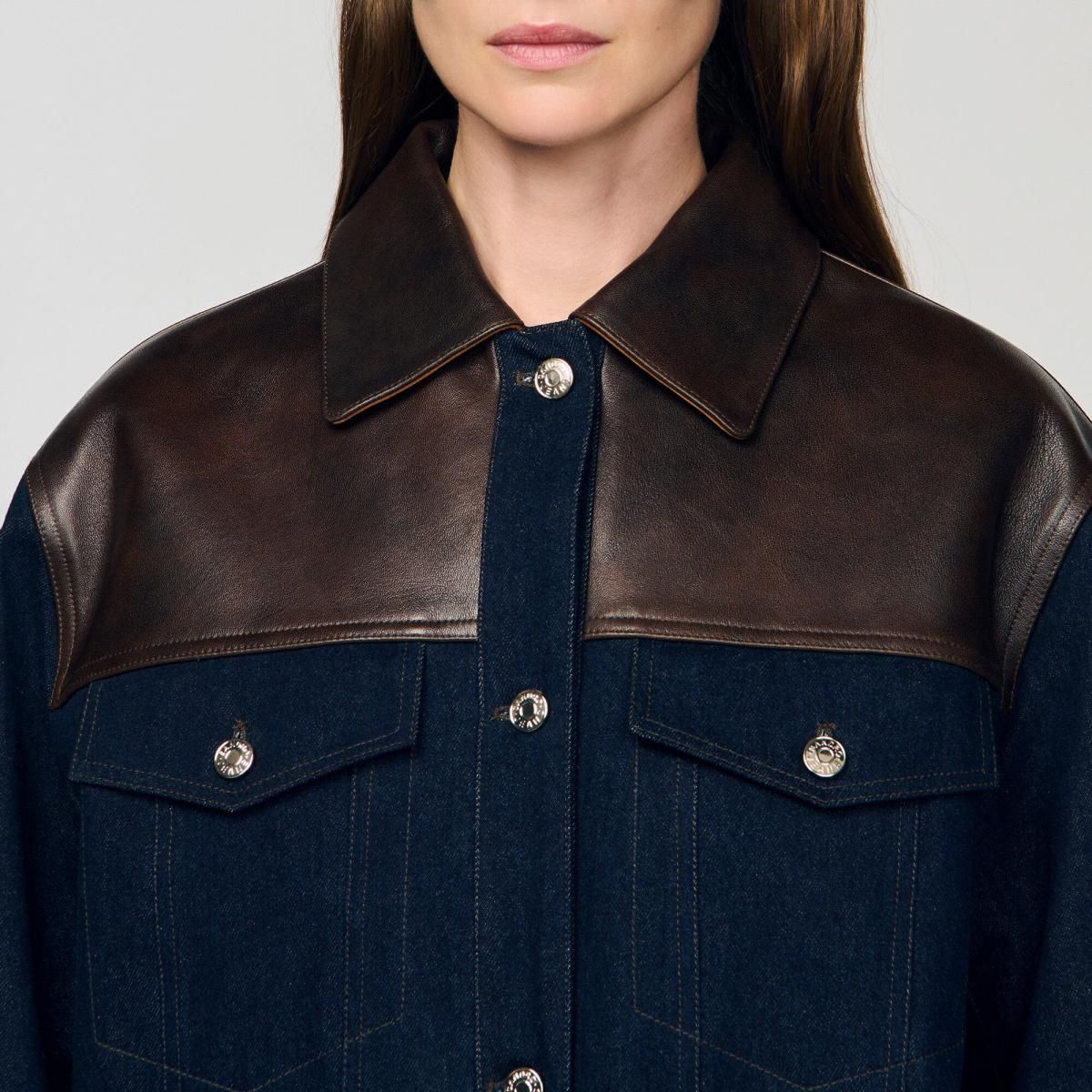 산드로 테크니컬 데님 레더 믹스 블루종 재킷 SFPBL01255_4785 JEANSBLAU - 상세 이미지 4