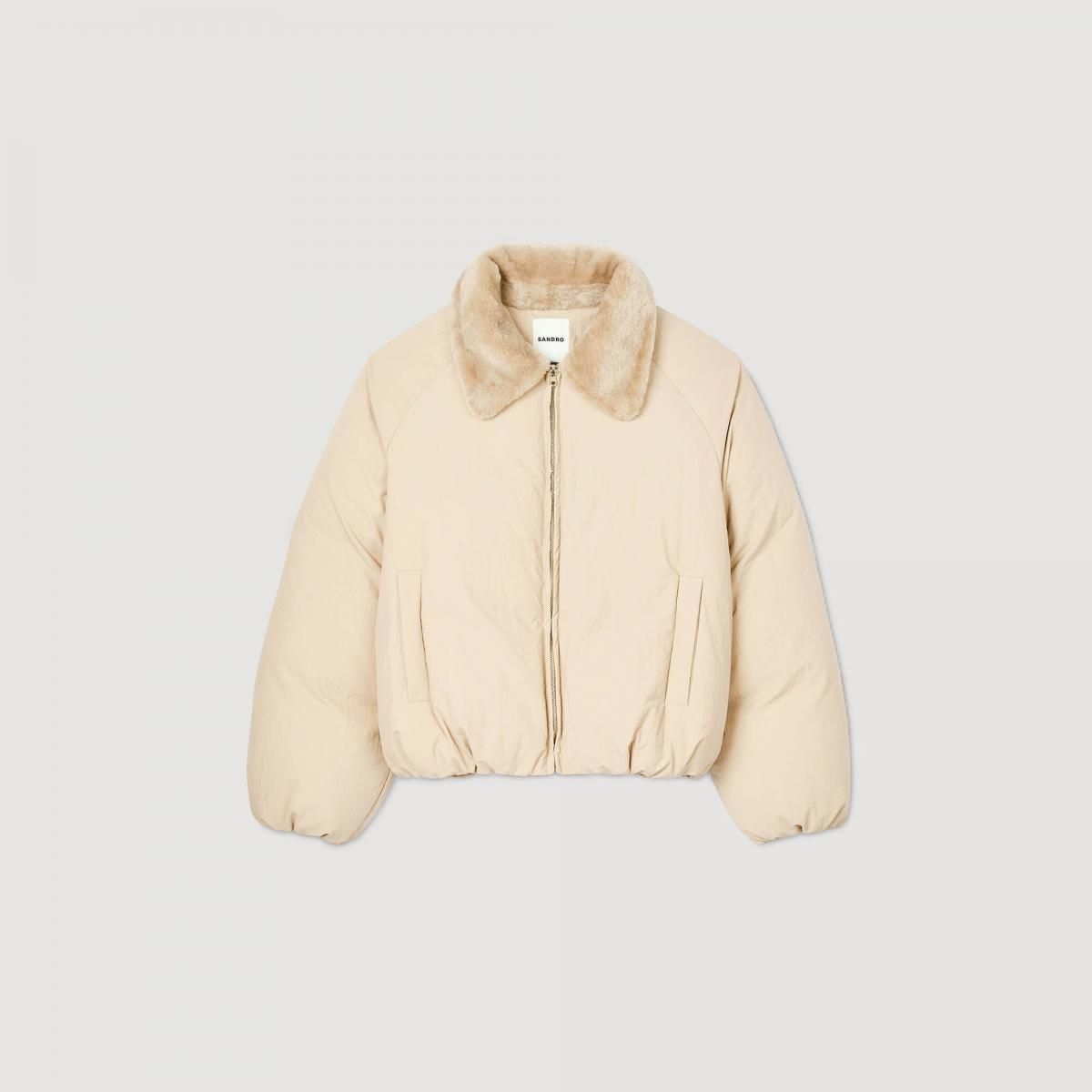 산드로 페이크 퍼카라 숏 패딩 자켓 SFPOU00744_16 BEIGE - 메인 이미지
