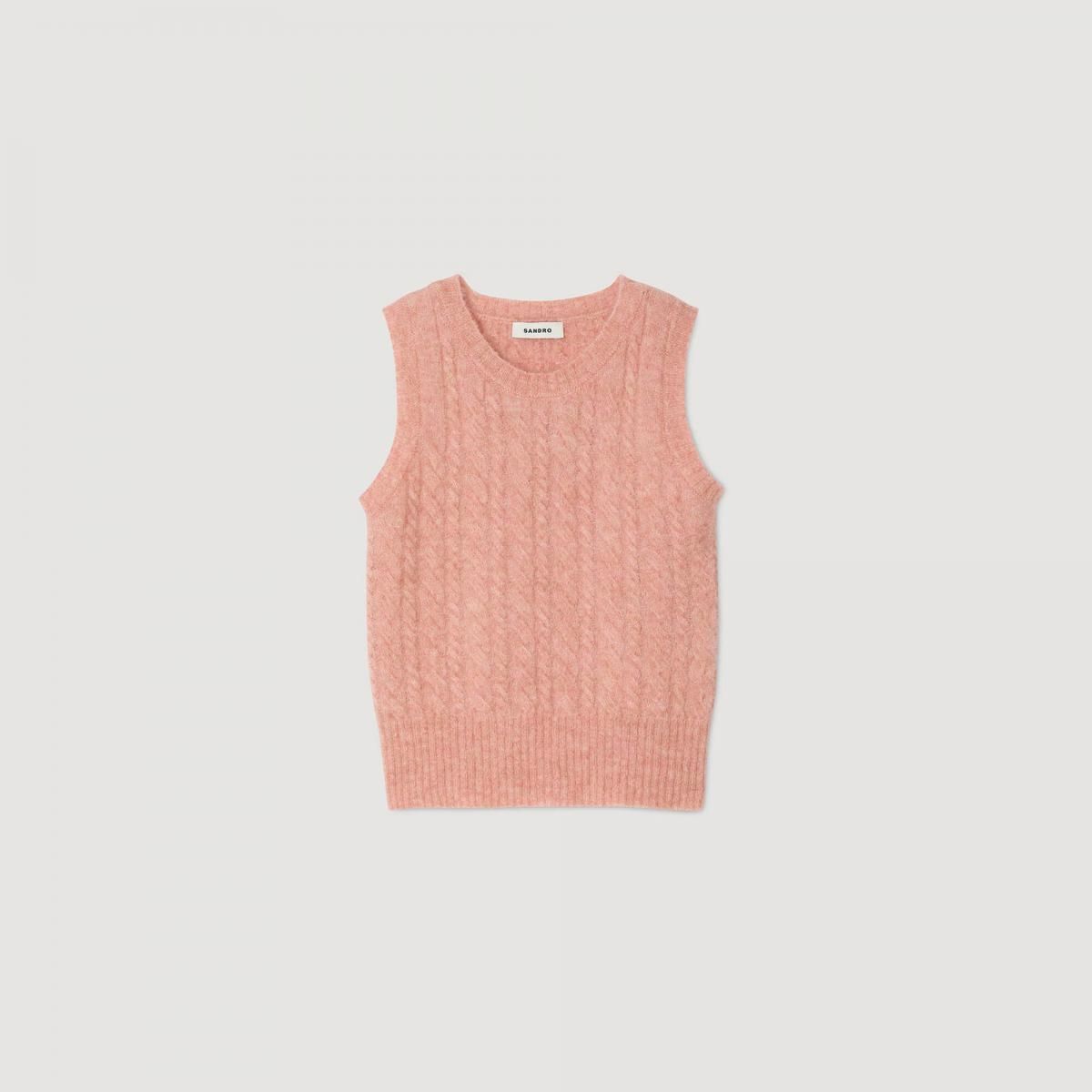 산드로 케이블 니트 울 라운드넥 민소매 베스트 SFPPU02712_621 PUDER-ROSA - 메인 이미지