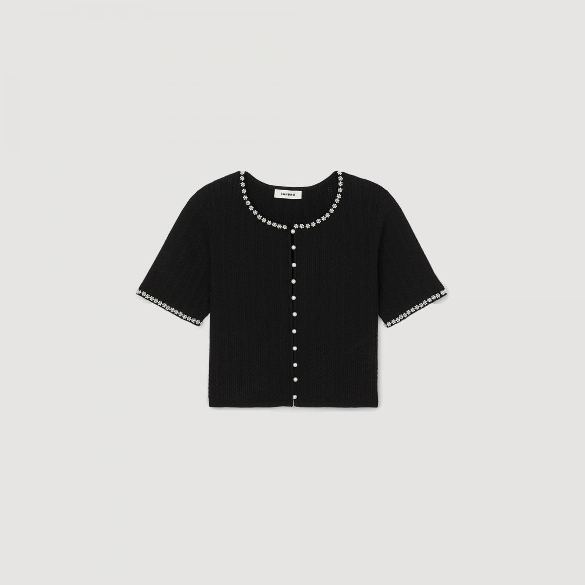 산드로 진주장식 숏 라운드넥 니트 카디건 SFPCA01264_20 SCHWARZ - 메인 이미지
