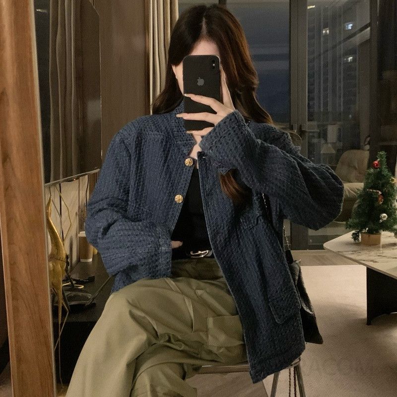 여성 빅사이즈 노카라 데님 텍스처 자켓 오버핏 루즈핏 가을 아우터 간절기 캐주얼 데일리 캠퍼스룩 블루종 점퍼 - 상세 이미지 5