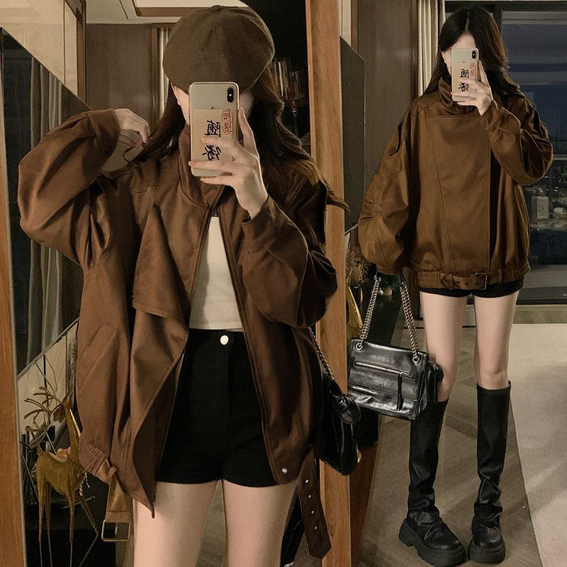 여성 빅사이즈 오버핏 루즈핏 레더 자켓 가죽 점퍼 항공 라이더 바이커 아우터 간절기 캐주얼 노카라 숏 자켓 봄 가을 겨울 - 상세 이미지 2