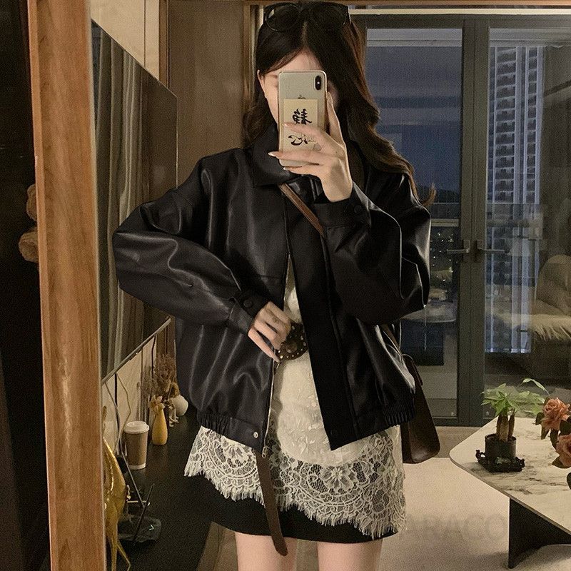 여성 빅사이즈 시크한 오버핏 루즈핏 카라 인조가죽 레더 자켓 점퍼 봄 가을 간절기 데일리룩 - 상세 이미지 5