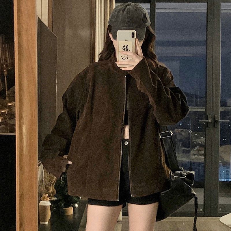 여성 빅사이즈 스웨이드 레더 루즈핏 오버핏 스탠드넥 버튼소매 집업 캐주얼 점퍼 자켓 간절기 데일리 아우터 가을 겨울 - 상세 이미지 3
