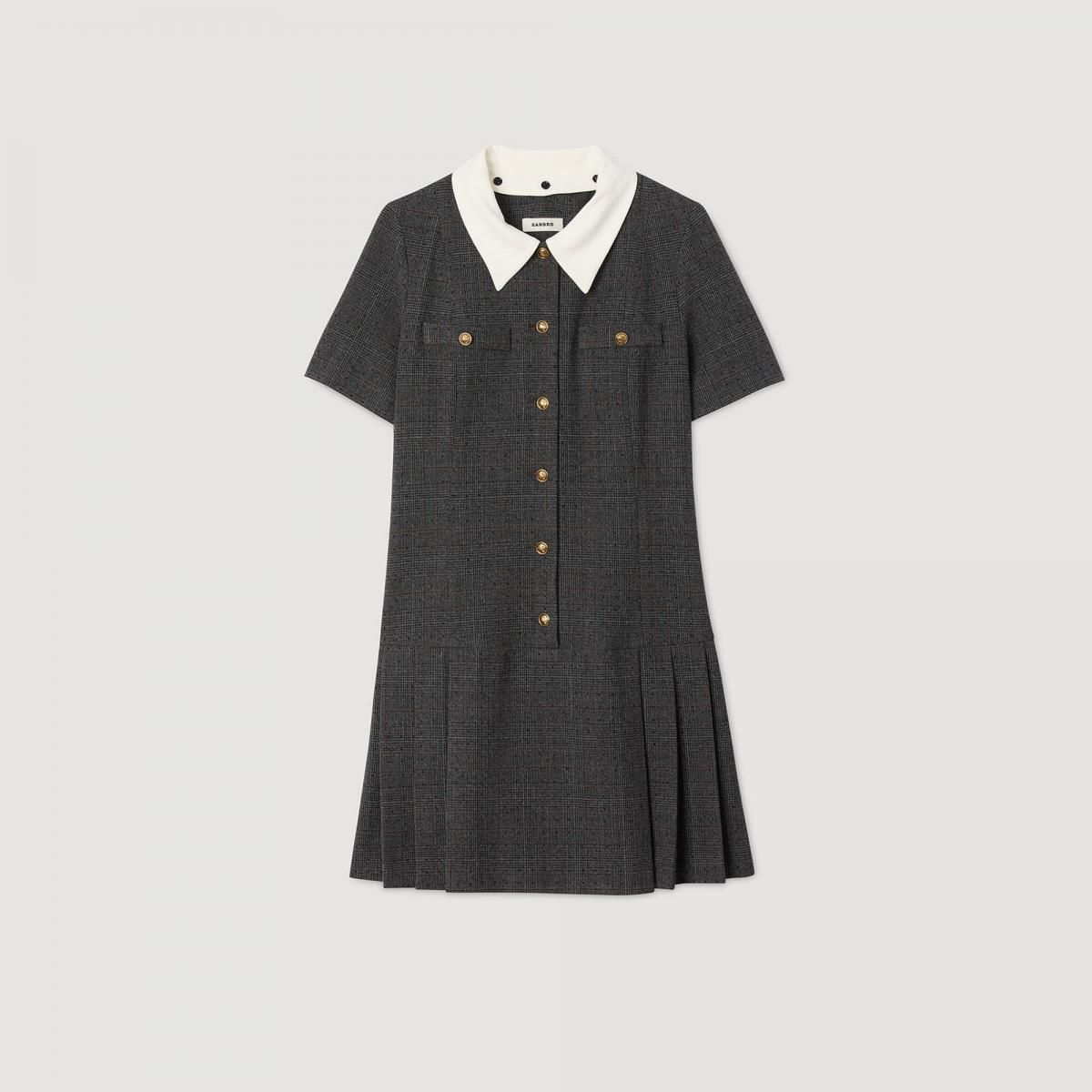 산드로 스트라스 장식 트위드 플리츠 미니 원피스 SFPRO04423_B315 GRIS / MARRON - 상품 이미지