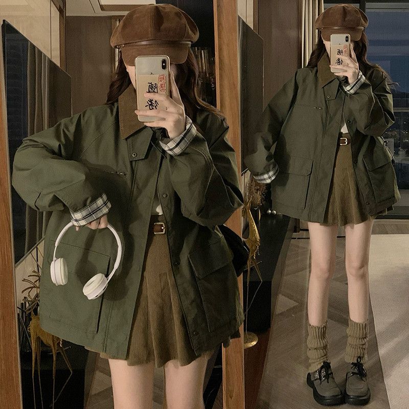 여성 빅사이즈 오버핏 플랩포켓 배색카라 체크소매 간절기 데일리 캐주얼 툭 걸치기 좋은 루즈핏 야상 자켓 점퍼 아우터 봄 가을 - 메인 이미지