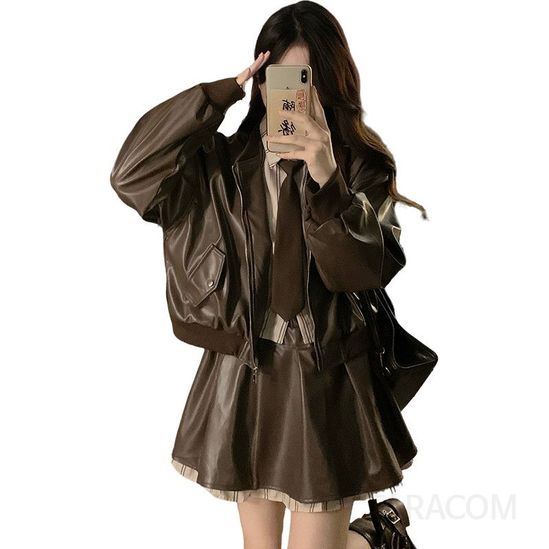 여성 빅사이즈 레더 항공 점퍼 플리츠 미니 스커트 투피스 세트 타이블 코디 오피스룩 봄 가을 - 상세 이미지 5